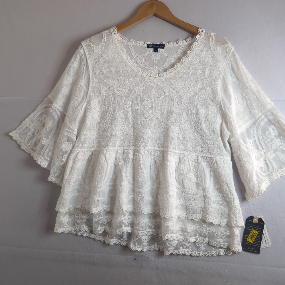 Democracy White Lace Embroidered Babydoll Top B7213PW1E Large NWT